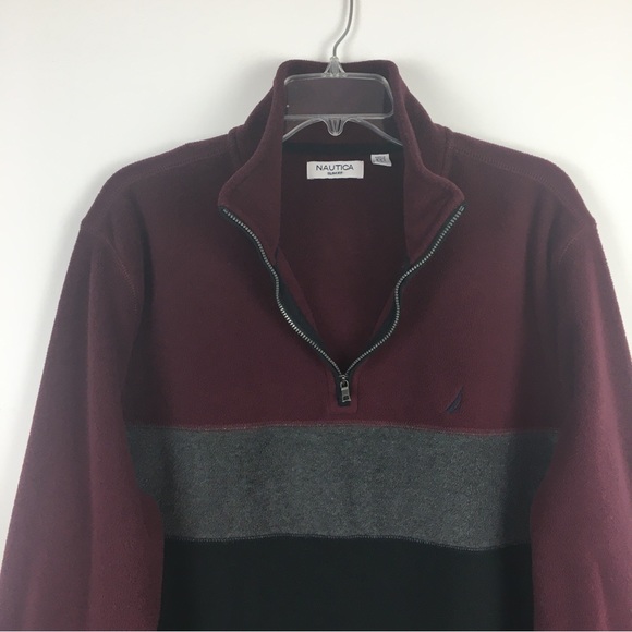 Nautica 1/4 Zip Pullover Jacket Sz Large Slim Fit Fleece Burgundy Color Block - Picture 4 of 10